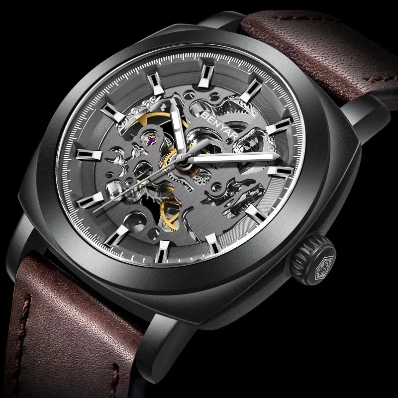 BENYAR Watch for Men Luxury Skeleton Tourbillon Automatic Mechanical Mens Watch 30M Waterproof Leather Strap Reloj Hombre New