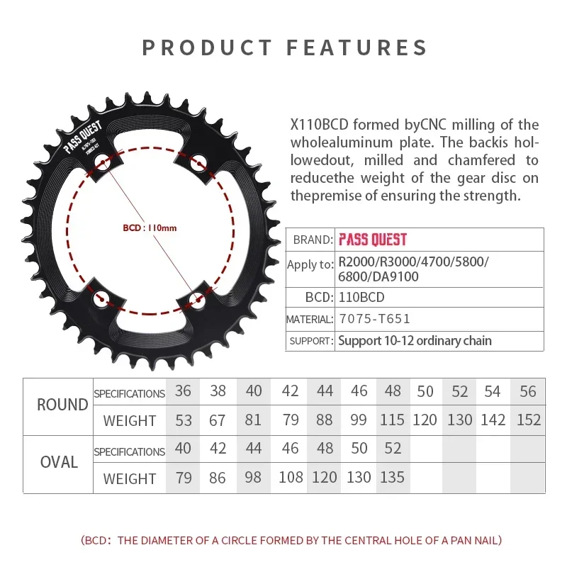 PASS QUEST X110 4claw 110BCD 36T-56T 10-12 Speed Crankset Round OVAL Road Bike Narrow Wide Chainrings Bicycle Accessories