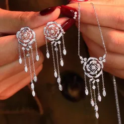 Newly Designed Hollow Rose Flower Tassels Necklace Earring Elegant Women's Silver Color Jewelry Accessories Valentine's Day Gift