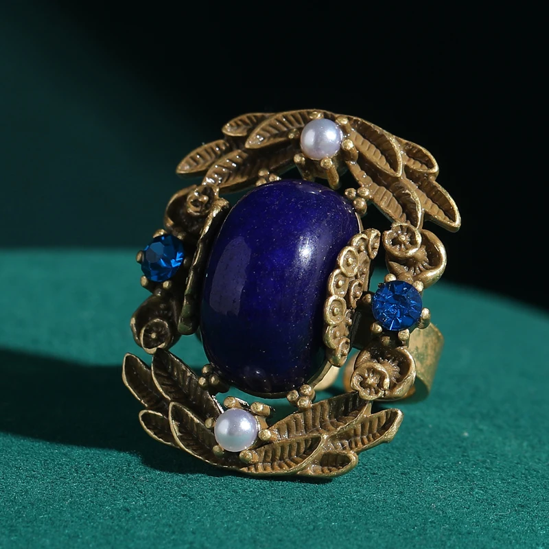 Vintage Retro Rings Antique Gold Color Leaf Square Blue Natural Stone For Woman Pearl Rhinestones Luxury Quality Jewelry 2025