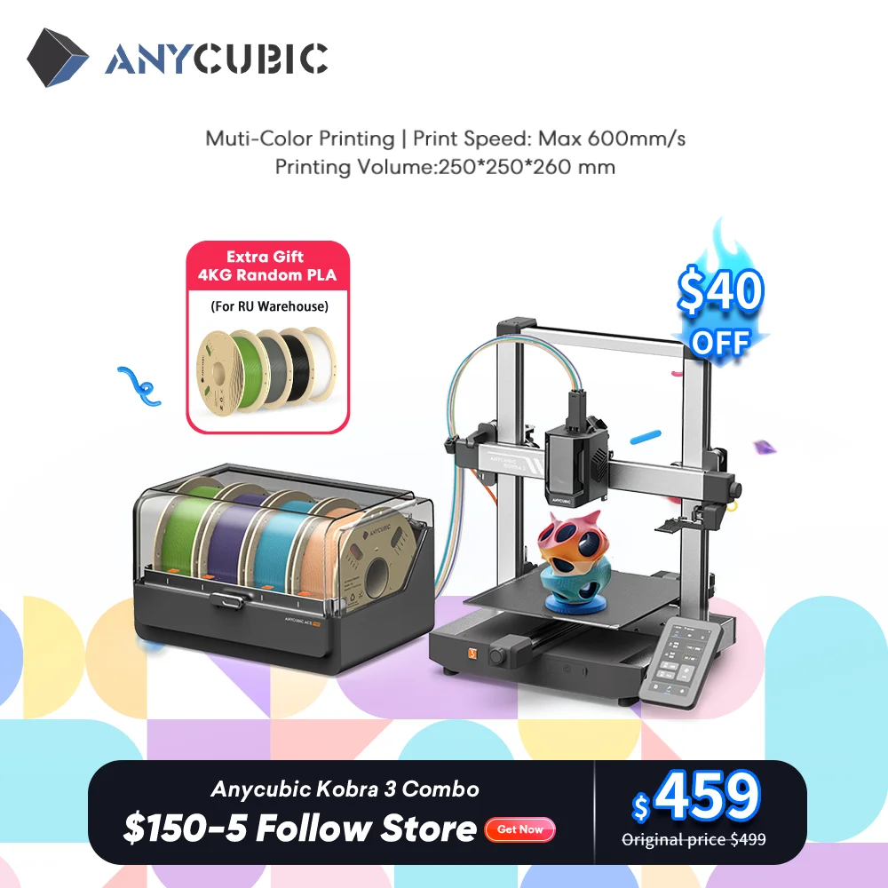 

ANYCUBIC Kobra 3 Combo Многоцветный 3D-принтер FDM с максимальной скоростью печати 600 мм/с Размер сборки 250x250x260 мм Печать от 4 до 8 цветов