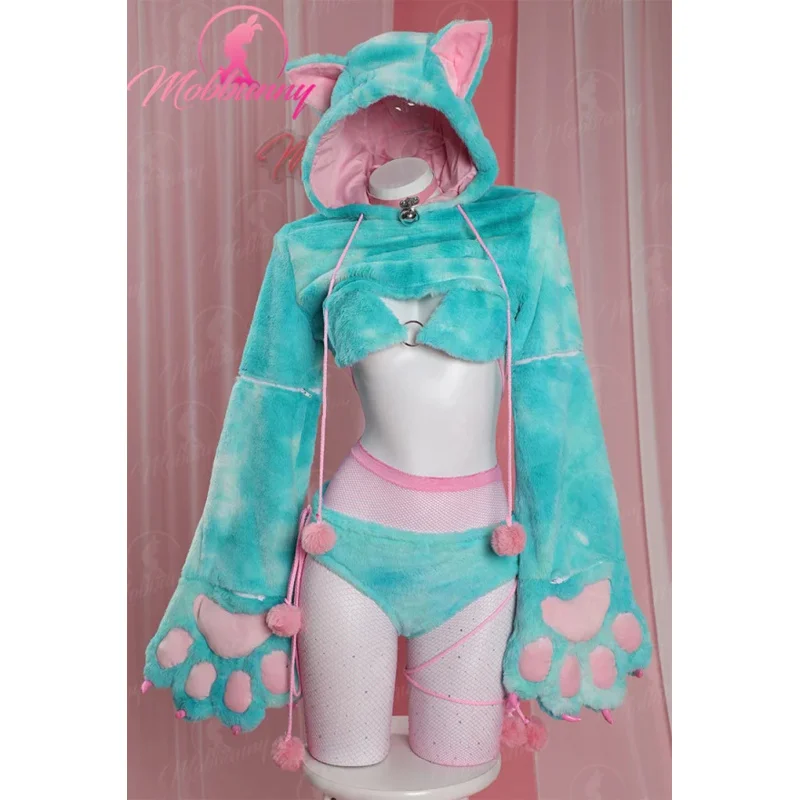 Ensemble de lingerie sexy de pattes de lapin en fourrure pour femmes, costume de cosplay de style chat, soutien-gorge et culotte en peluche avec sweat à capuche court et bas