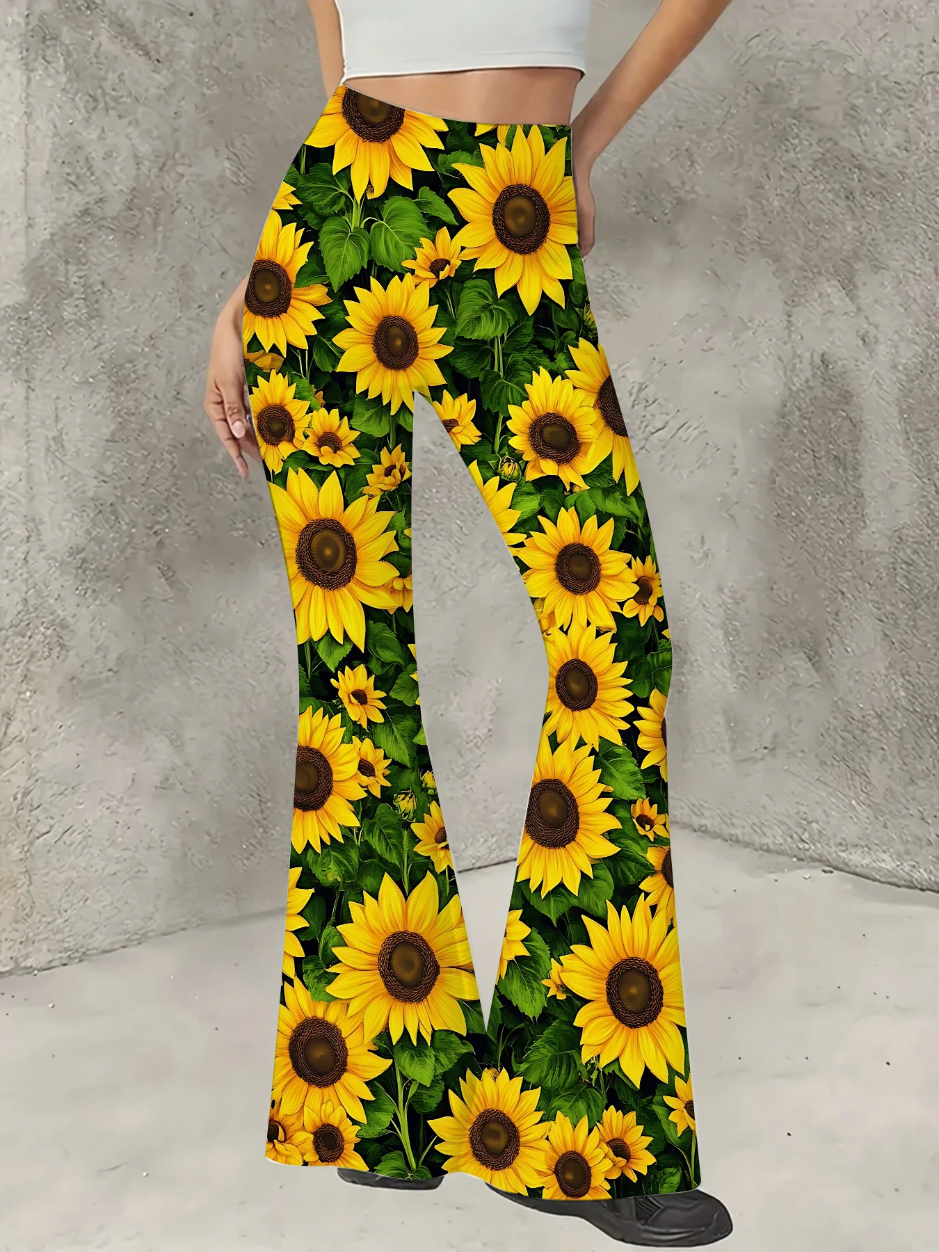 

Korean Style Printed Flare Pants Women High Waist Slim Fit Bell Bottom Leggings