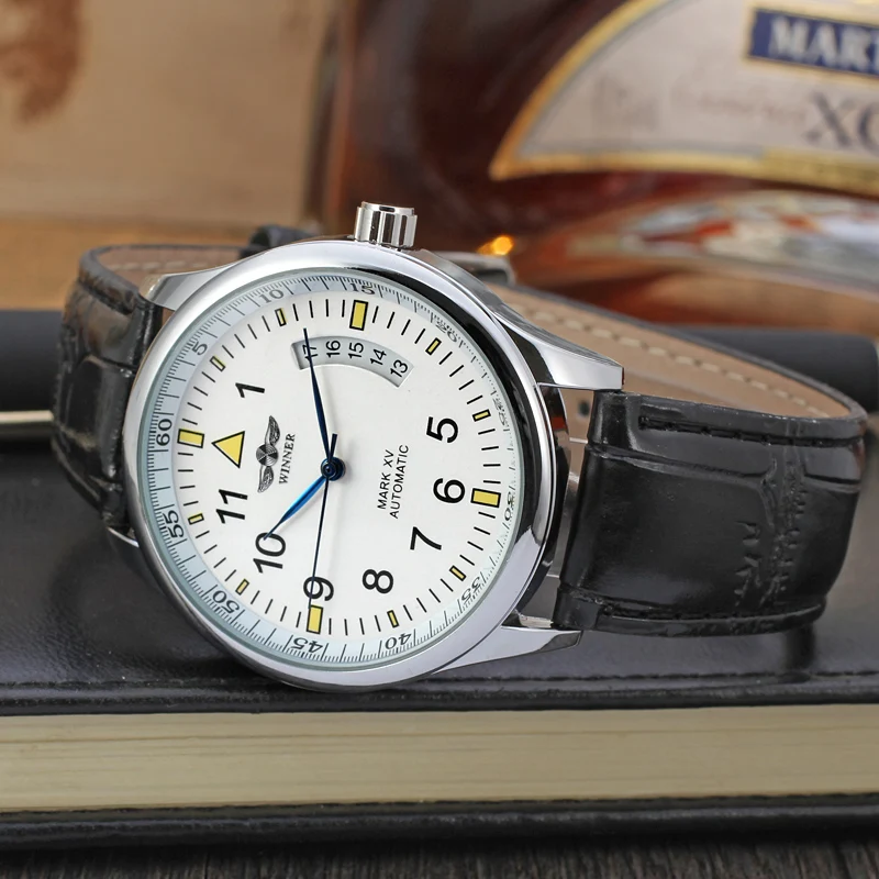 Winner Klassische Herrenuhr Automatik Mechanisch Luxus Top-Marke Piloten-Stil Automatische Datumsanzeige Lederarmband Herren Casual Armbanduhr