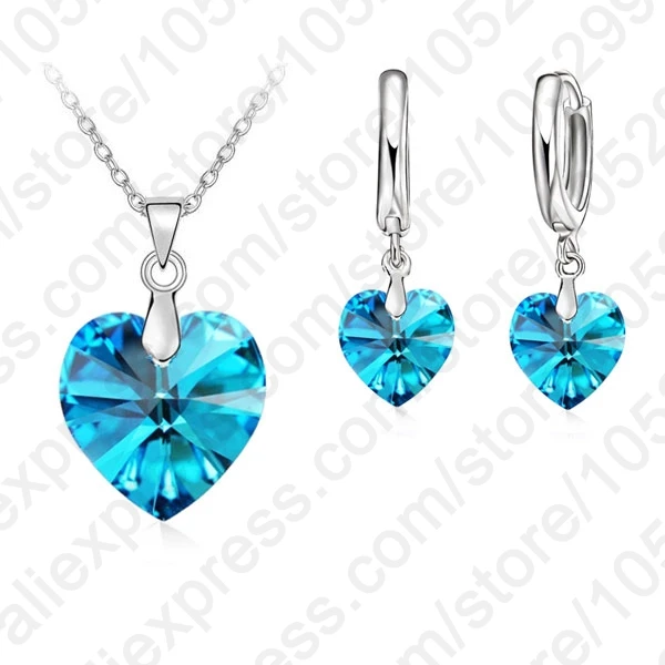 Romantic Clearly Austrian Crystals 925 Sterling Silver Jewelry Sets Heart Pendant Necklaces Lever Back Earring For Woman