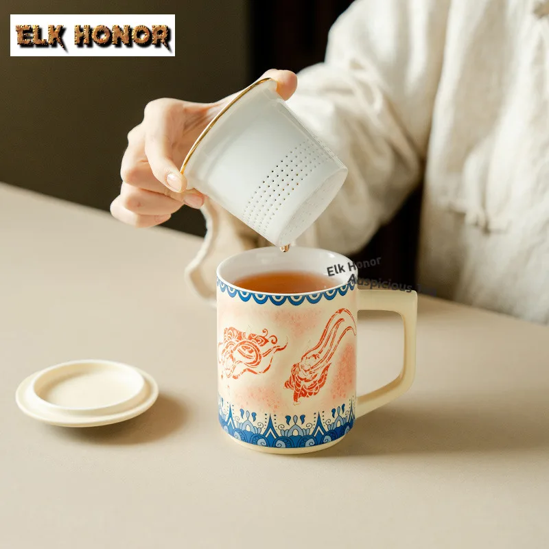 350ml Chinese Style Dunhuang Feitian Underglaze Red Dusk Mug With Filter Ceramic Tea Cup Household Light Luxury Drinking