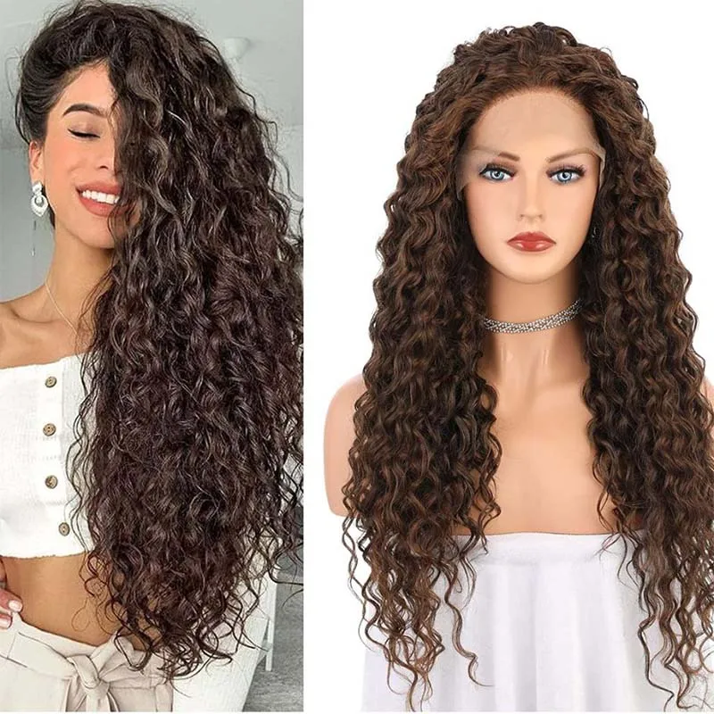 Bernardo Long Synthetic Brown Kinky Curly Wigs For Women Heat Resistant Lace Front Wig With Baby Hair Daily Wear