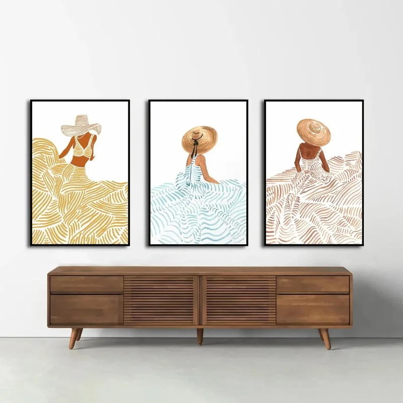 Juego de 3 impresiones artísticas decorativas sin marco, arte mural abstracto de mujeres, estampado de moda costera, decoración boho con sombrero de sol, vestido fluido.
