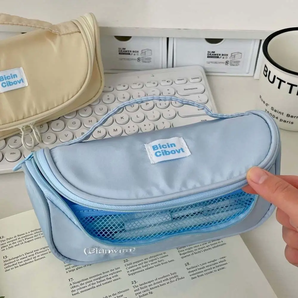 Pen Box Storage Stationery Bag Solid Color Travel Wallet Pencil Case Zipper Pouch Korean Ins Style Large Pen Bag Girls Gift