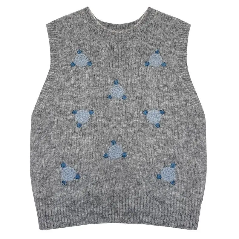 เสื้อกั๊กถักลายดอกไม้สีเทา คอกลม แขนกุด สำหรับผู้หญิง ฤดูใบไม้ร่วงและฤดูหนาว ปี 2025