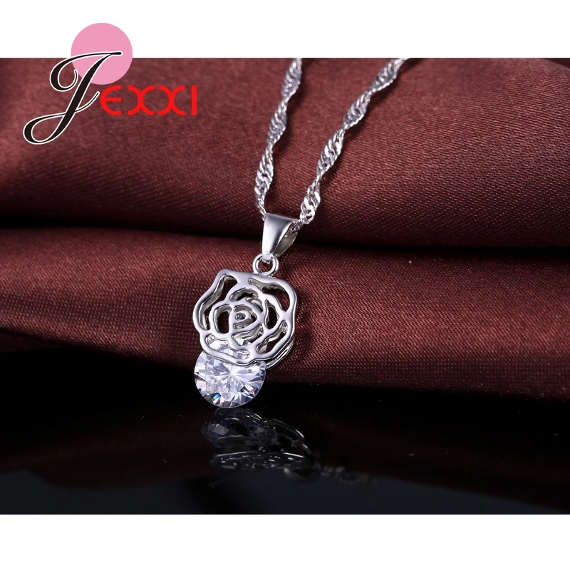 Rose Pendant With Pretty Cubiz Zirconia CZ 925 Sterling Silver Jewelry Sets Accessories For Women Wedding Anniversary