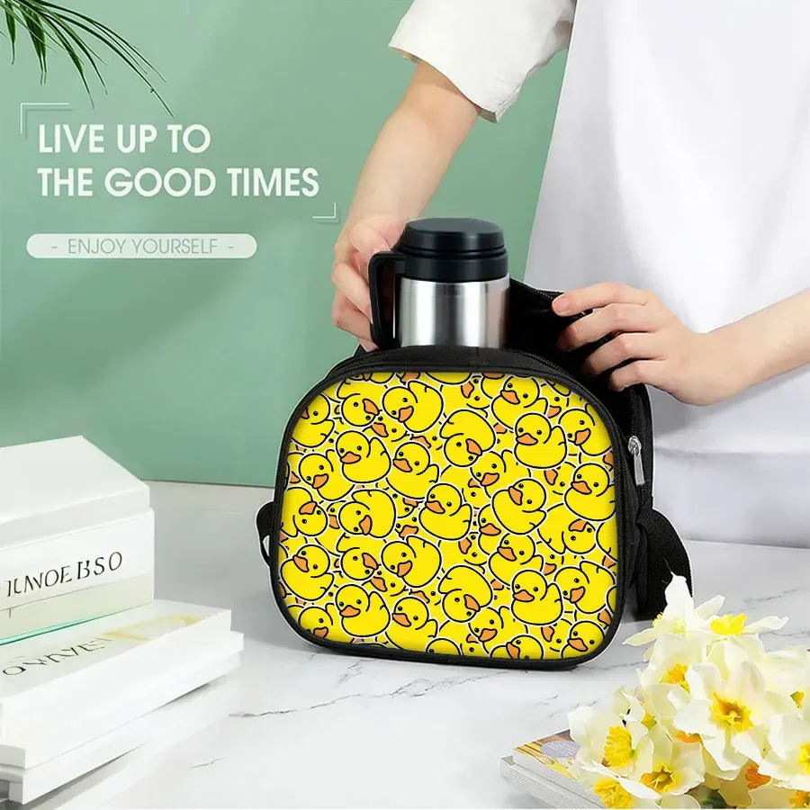 Juego de 3 uds de bolsas de almuerzo redondas de pato amarillo, bolsas de lápices con tapa, mochilas escolares para niños/niñas, los mejores regalos, mochila de dibujos animados 3D para niños