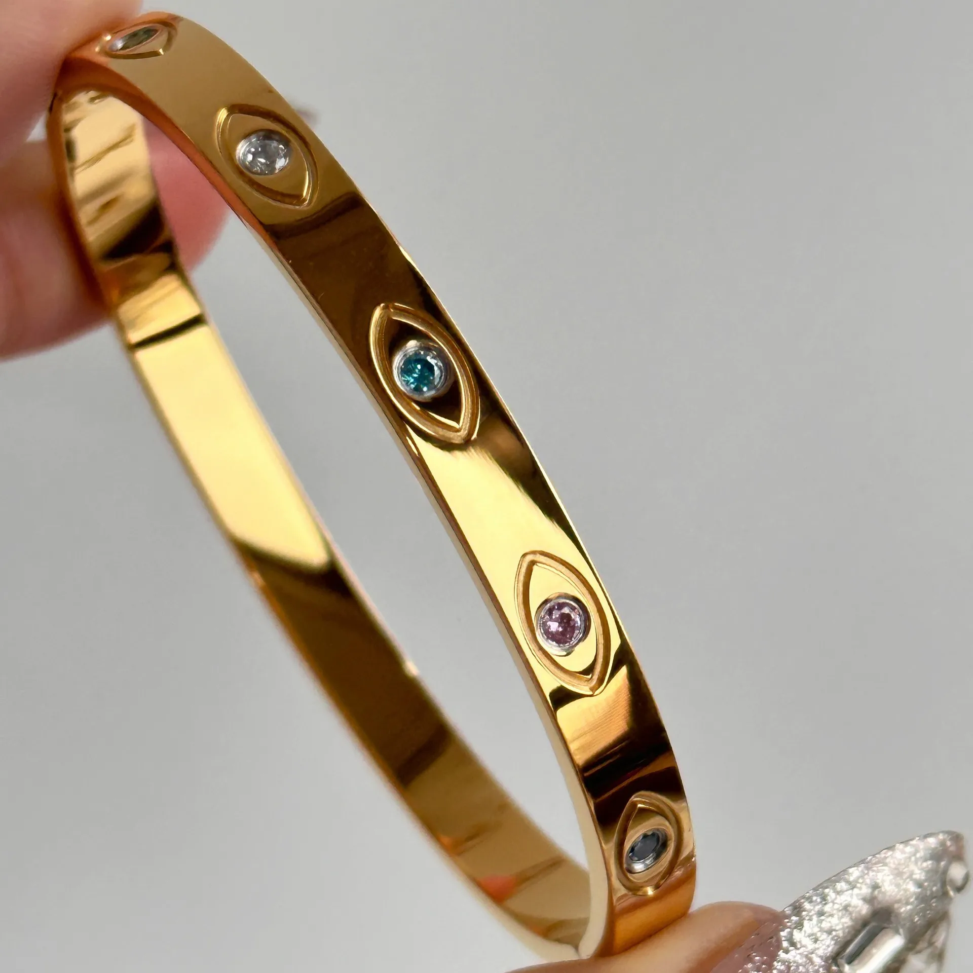 Newest Gold Plated Stainless Steel Bangle Jewelry Inlaid Colorful Cubic Zircon Bangles for Women Waterproof Christmas Gift