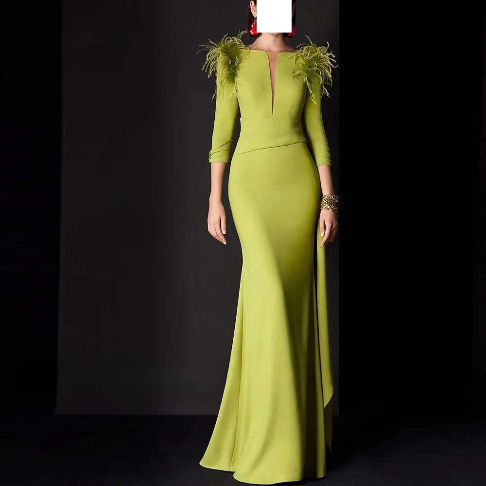 

Customized elegant Mermaid V-Neck Jersey Feathers Evening Dresses Formal and Classic 34 Sleeves Banquet socialite evening gown