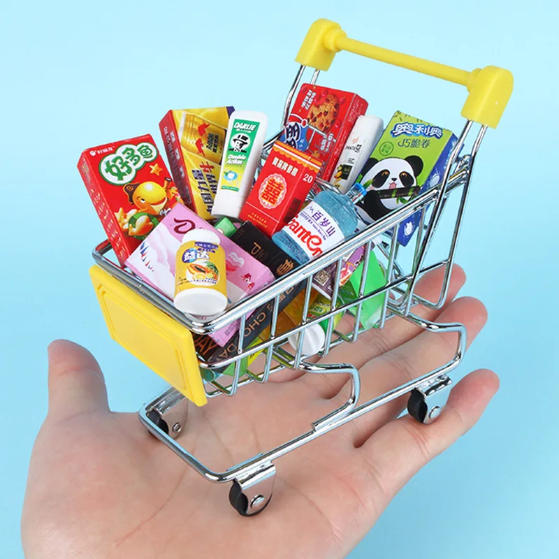Mini Shopping Cart Toy Miniature Supermarket Trolley Ornament for Kids Playhouse Dollhouse Home Desk Decoration Mini Push Car