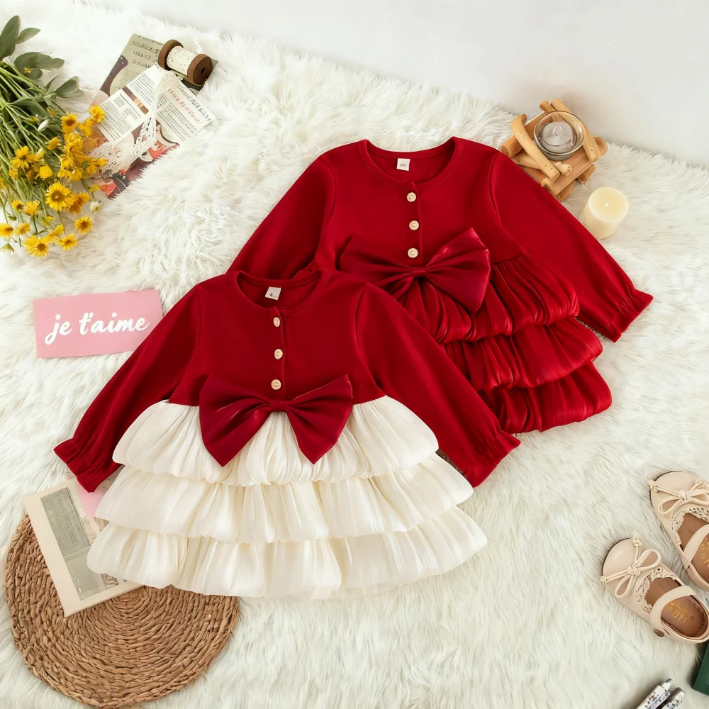 

Girls' Dress Spring/Fall Bow-Tie Color-Block Long-Sleeve Baby Girl Dress Adorable First Birthday Baby Dress Baby Girl Clothes