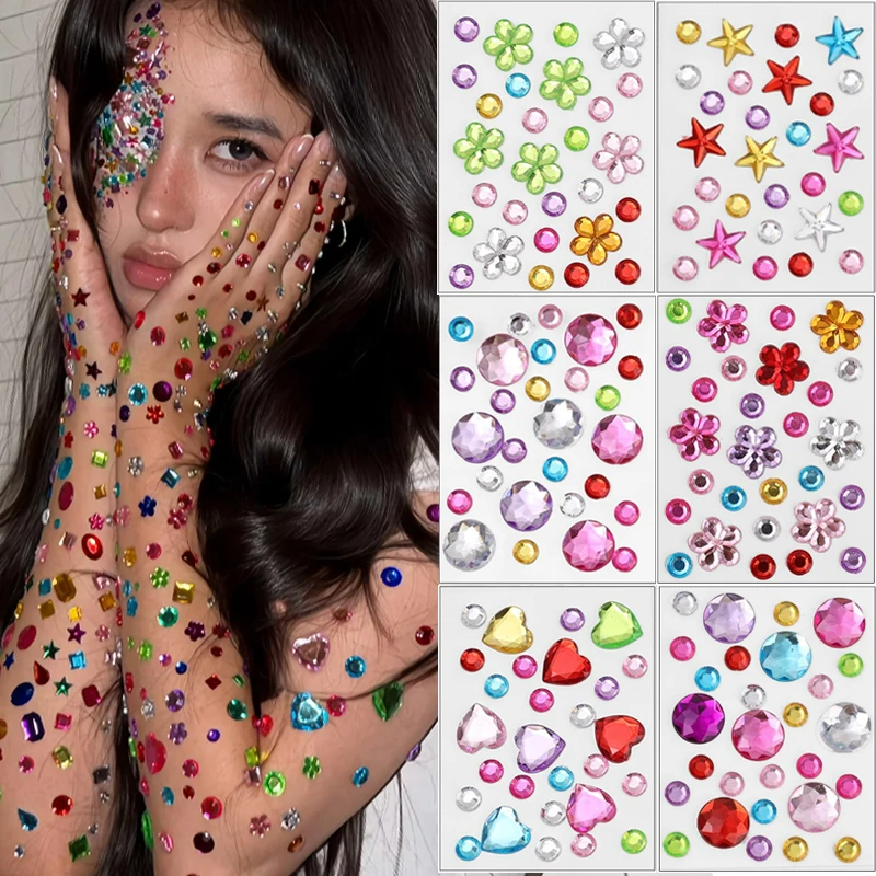 Star Heart Flower Rhinestone Jewel Stickers 2Pcs Extra Large Colorful Self‑Adhesive Eye Face Gems for Festival Makeup Decoration