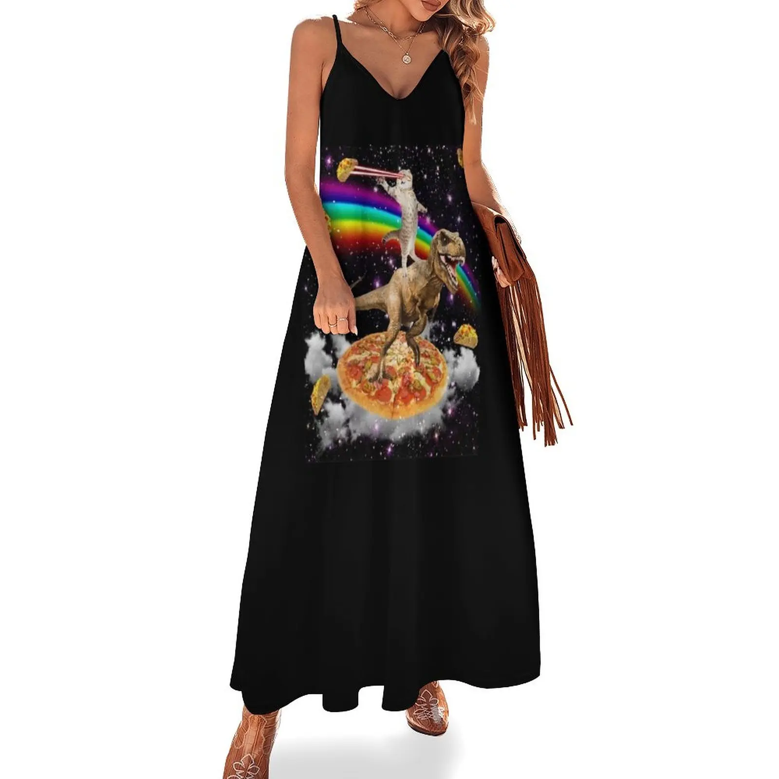 

The ORIGINAL Galaxy Laser Eye Cat on Dinosaur on Pizza with Tacos & Rainbow Sleeveless Dress prom clothes Dress