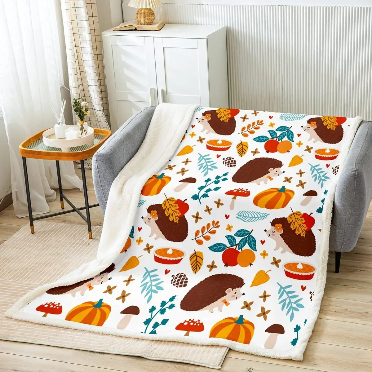 

Fall Maple Leaves Throw Blanket,Cute Hedgehog Cartoon Mushroom Bed Blanket for Kids Boys Girls Adults,Pumpkins