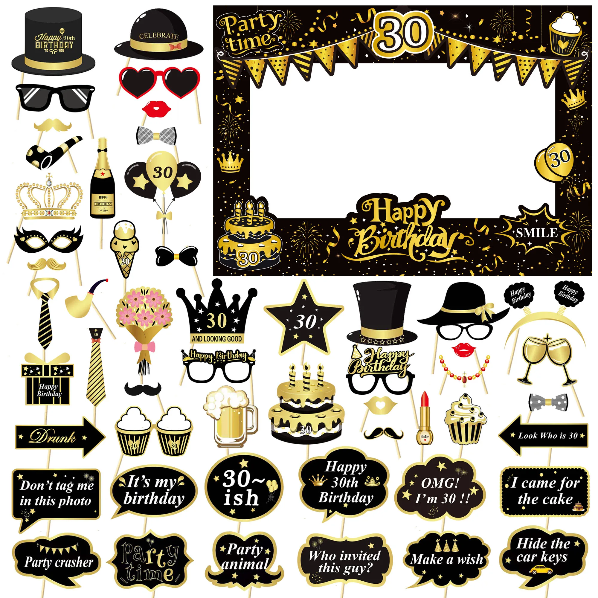 35pcs Black and Gold Birthday 18th,21st,30th,30th,40th,50th,60th paper photobooth prop and Frame for borthday party decoration