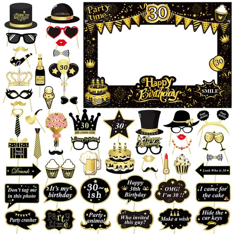 35pcs Black and Gold Birthday 18th,21st,30th,30th,40th,50th,60th paper photobooth prop and Frame for borthday party decoration