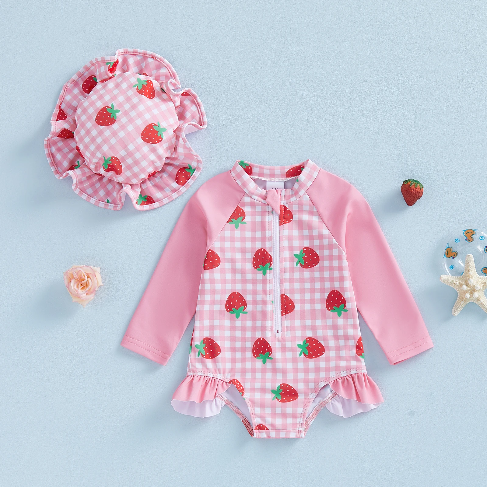 الرضع طفل الفتيات ملابس السباحة رومبير طويلة الأكمام جولة الرقبة الفراولة منقوشة طباعة طفح الحرس ثوب السباحة مع قبعة 2PCS مجموعة #1