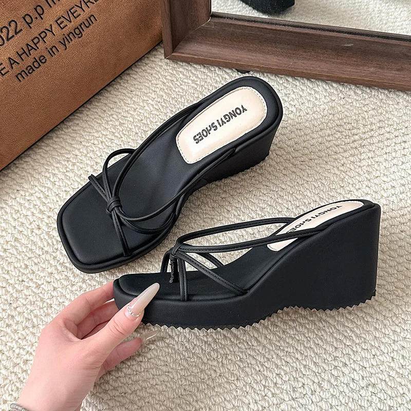 

New Women's Shoes Fashion Square Head Wedge Heel Flip Flops for Woman Comfort Vacation Casual Shoes Designer Shoes Zapatos Mujer