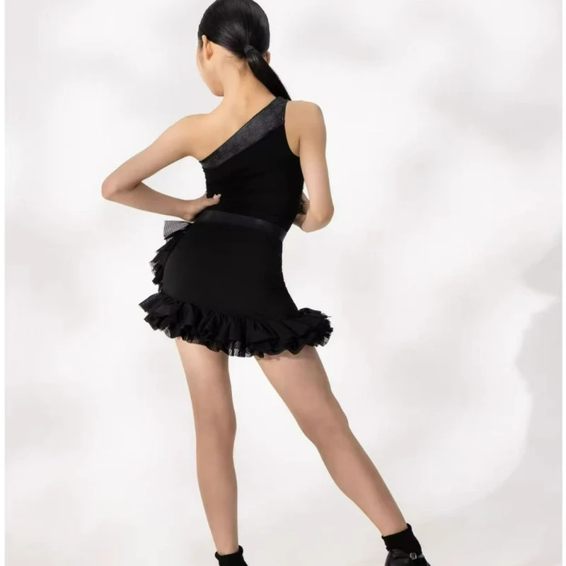 

Детский комплект платья для латинских танцев для девочек, мини-юбка из сетки без рукавов, костюм для соревнований по бальным выступлению, ча-ча-самба