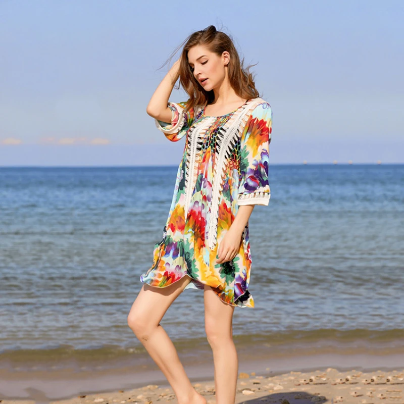 Colourful Print Bikini Cover Ups Women Summer 2023 Beach Dress Patchwork Hollow Out Crochet Wave Hem Loose Long Cape Vestido