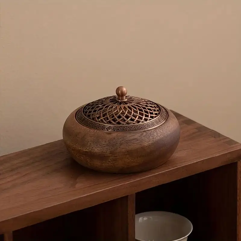 Solid Wood Round Incense Burner, Incense Bowl with Metal Incense Holder for Sandalwood Incense, Sage Cone and Frankincense