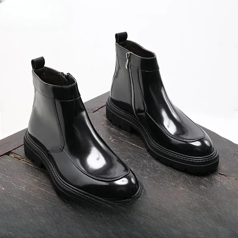

2025 Autumn Genuine Leather Men's Boots British Style Casual High Top Brilliant Face Chelsea Boots Formal Men's Shoes