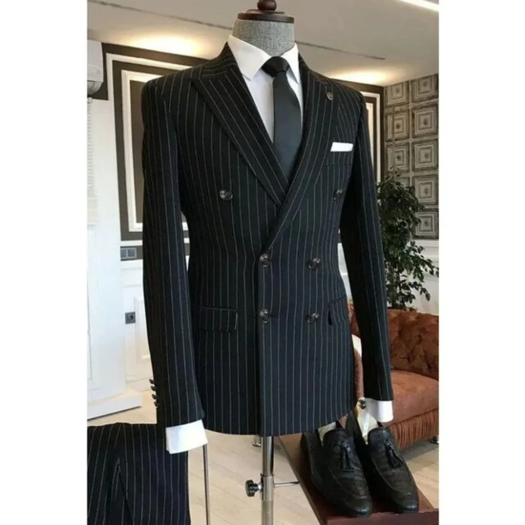 

New Black Striped Men's Suit Slim Fit Business Peak Lapel Double Breasted Jacket Pants Wedding Party Prom Suits Set of 2 Piece