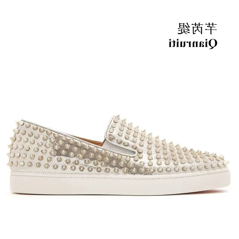 Qianruiti Spring Men\'s Vulcanize Shoes Men Full Spike Shoes Rivet Flat Low Top Light Gold Sneakers Slip-on Male Footwear Shoes