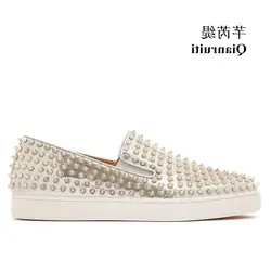 Qianruiti Spring Men's Vulcanize Shoes Men Full Spike Shoes Rivet Flat Low Top Light Gold Sneakers Slip-on Male Footwear Shoes