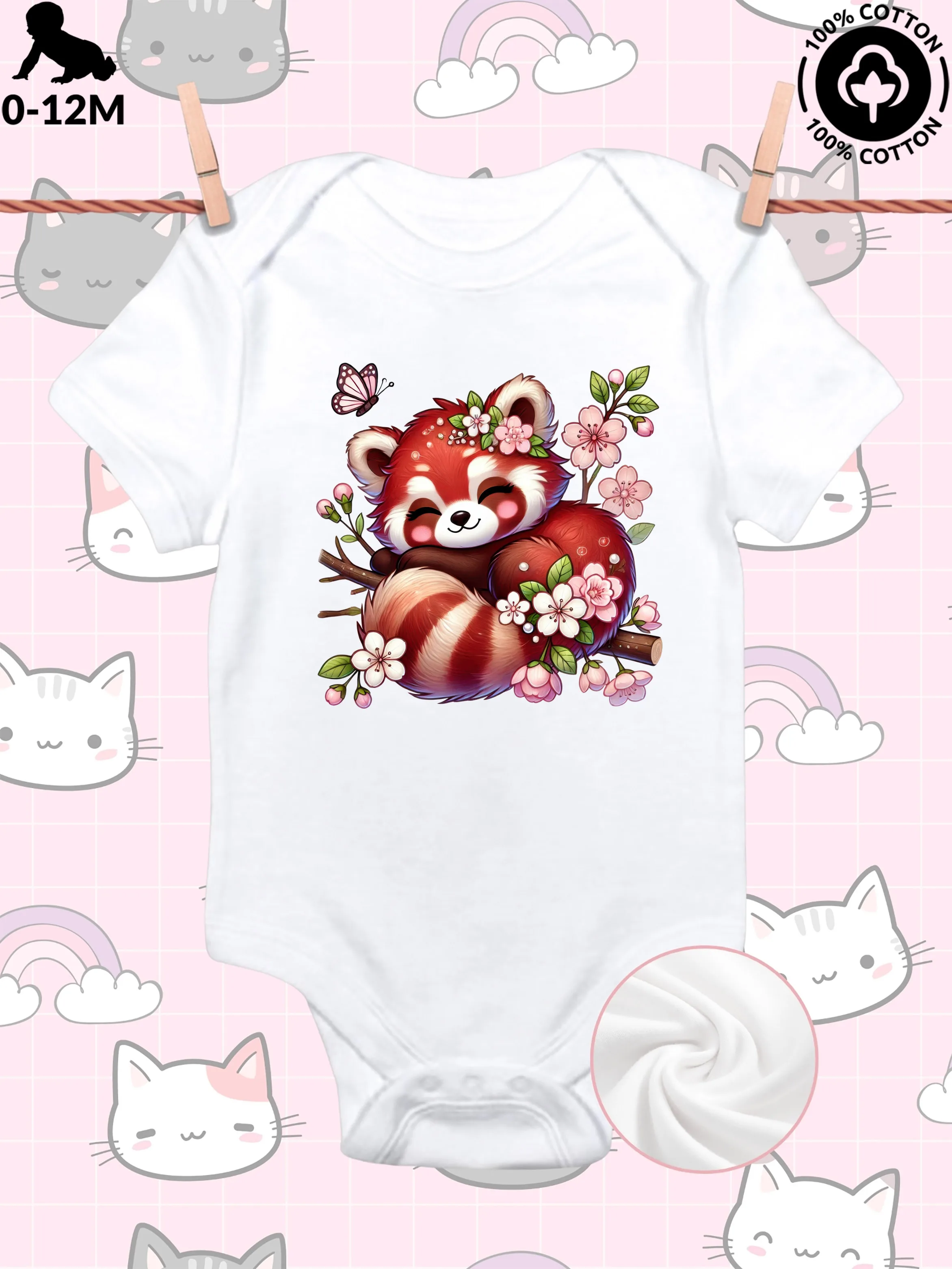 

Милый комбинезон для малышей унисекс с цветочным принтом и красной пандой, мягкий хлопковый слип, всесезонный белый боди 190GSM