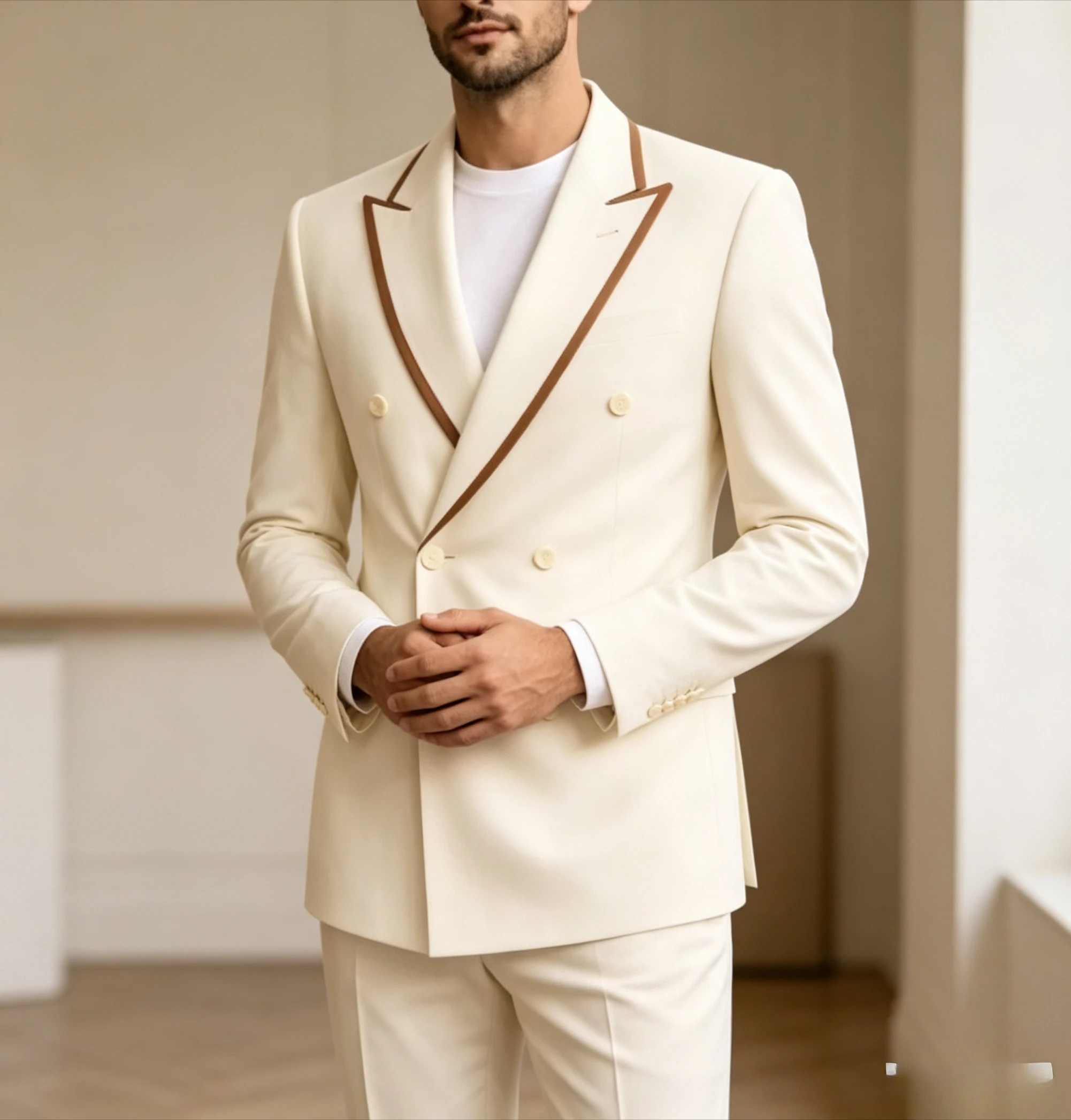 

New White And Brown Men Suit Wedding Party Formal Occasion Groom Groomsman Prom Business Male Tuxedos 2 Piece Set Jacket Pants