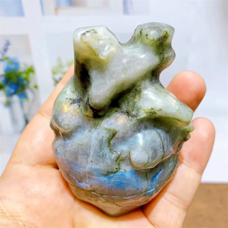 7.8CM Natural Labradorite Heart Crystal Carved Figurine Fashion Holiday Gift Quartz Carving Healing Home Decoration 1PCS