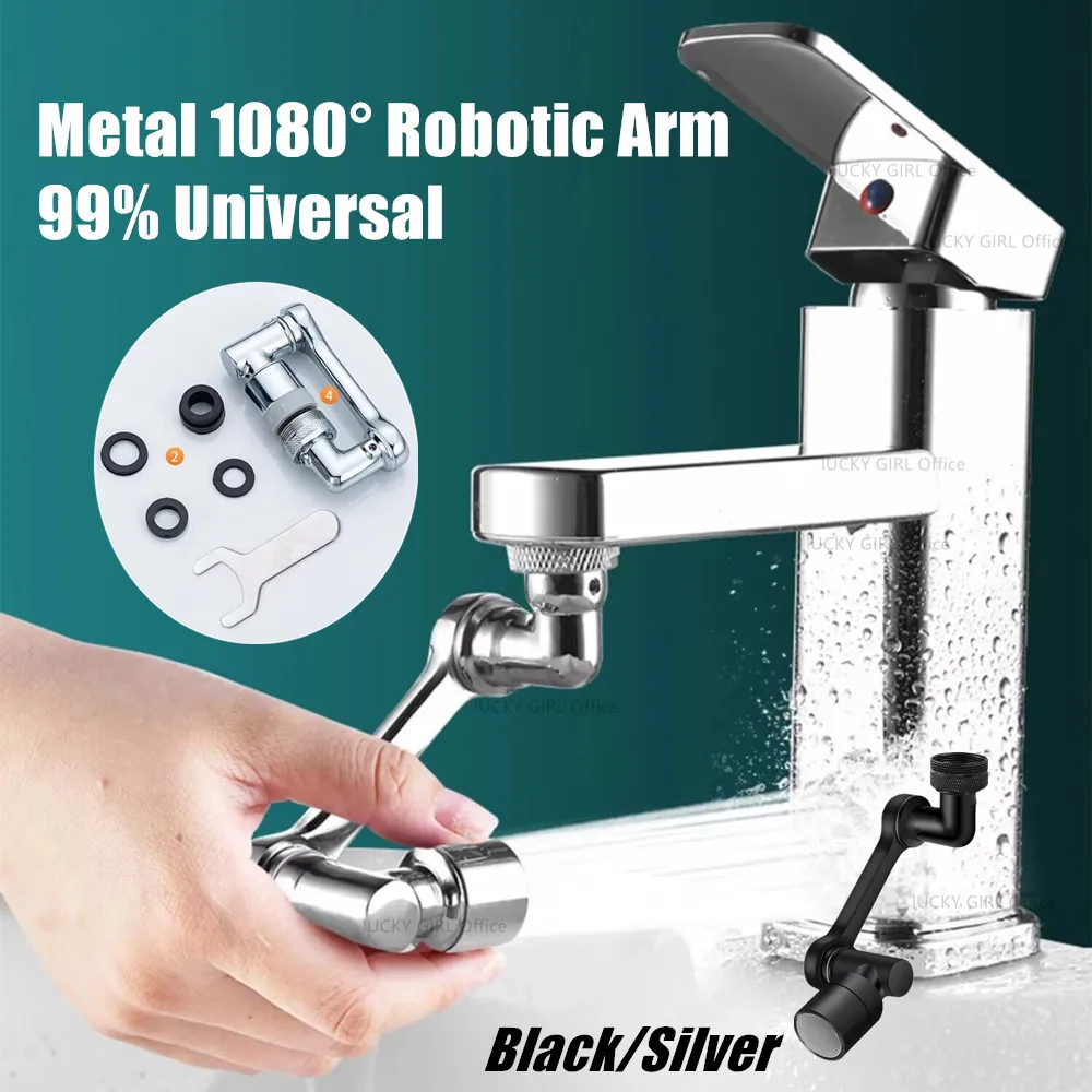 Black Stainless Steel Universal 1080° Robotic Arm Faucet Extender Metal Swivel Extension Faucet Aerator Kitchen Sink Splash