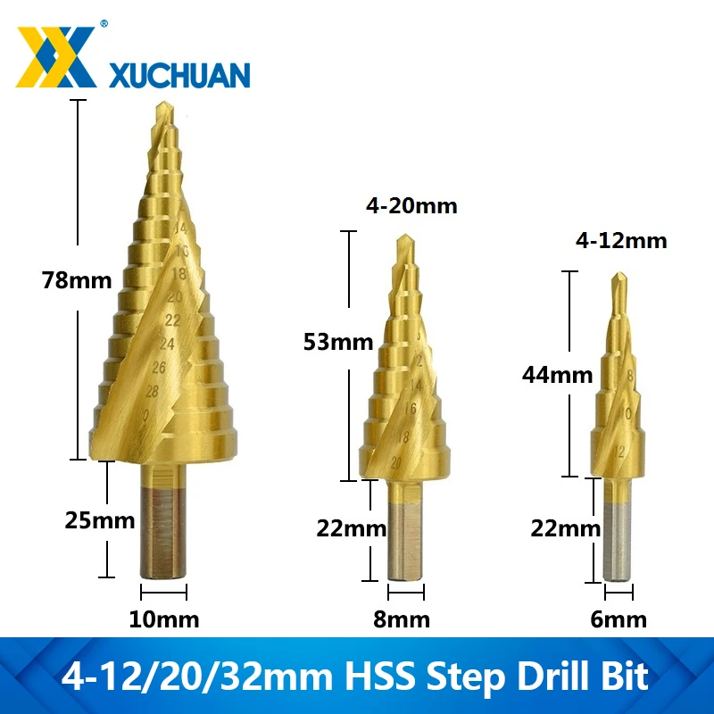 4-12/20/32mm Hss Drill Bit Titanium Coated Step Drill Triangular Shank Spiral Groove Drill Bit For Wood Metal Spiral Hole Cutter