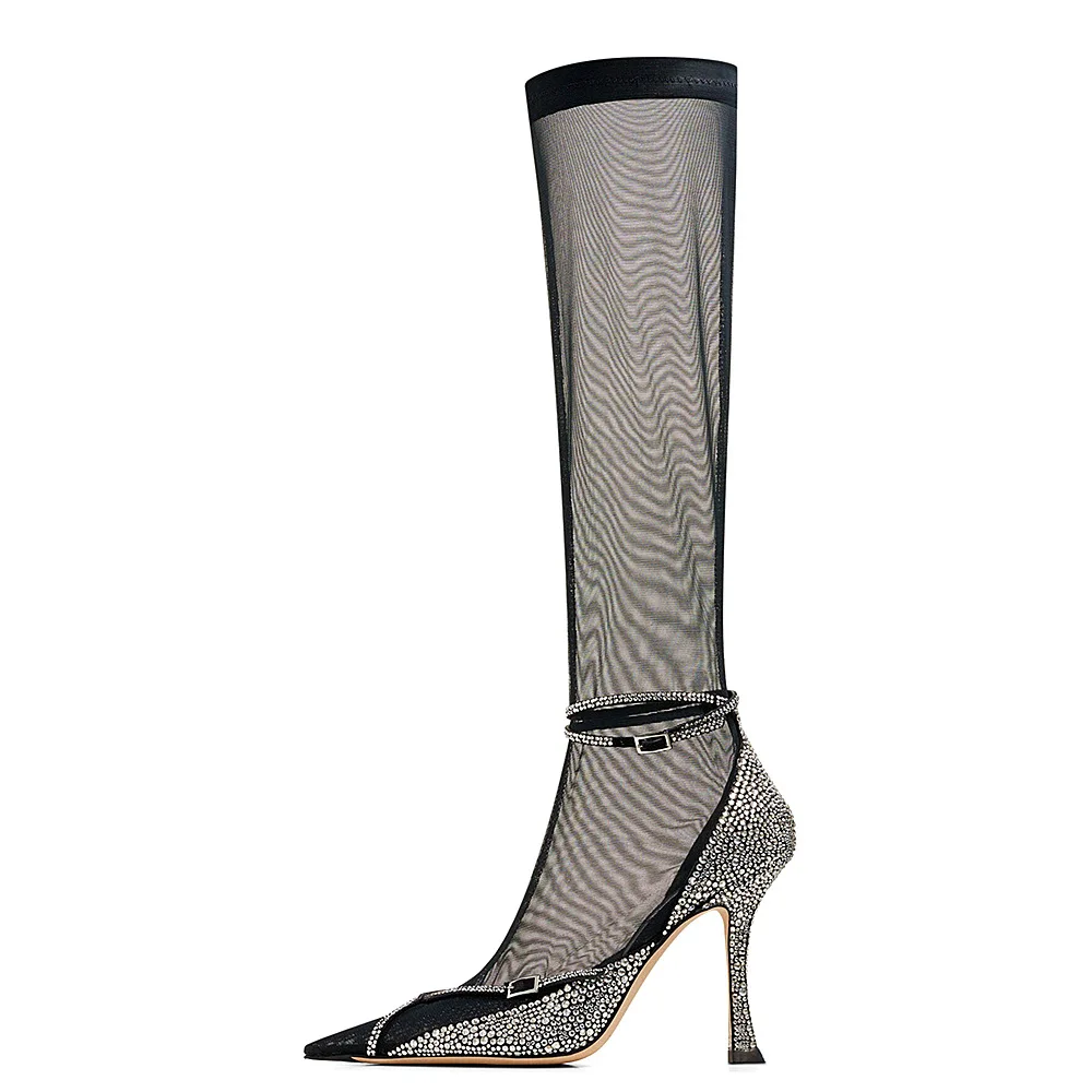 

New Elastic Pointed Toe Rhinestone Chain Mesh Buckle Knee High Women's Boots Rubber AntiSlip Stiletto High Heels Lady's Shoes