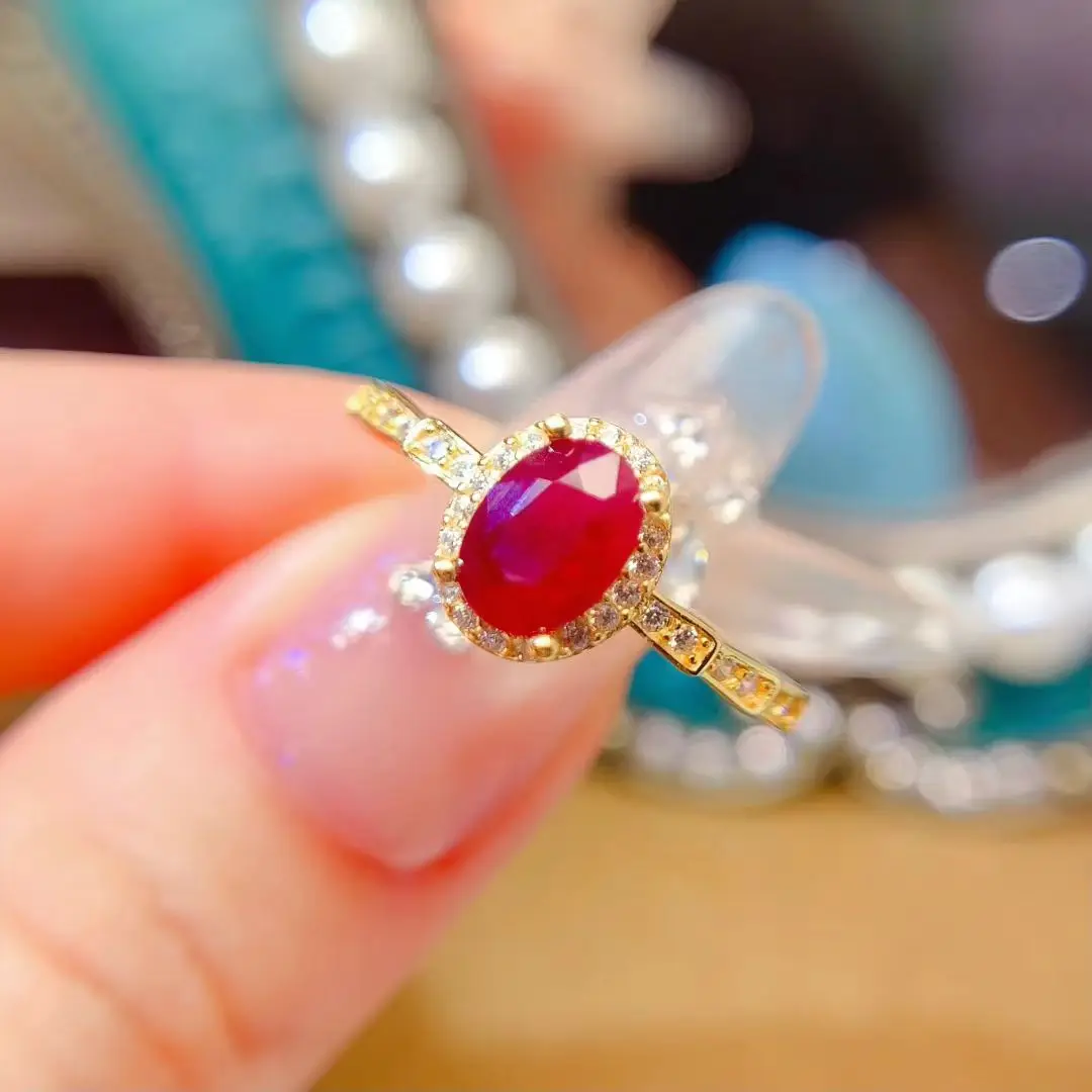 

925 Silver Ruby Engagement Ring Natural Ruby Jewelry with Certificate 5mm * 7mm 0.7ct Ruby Jewelry with 18K Gold Plating