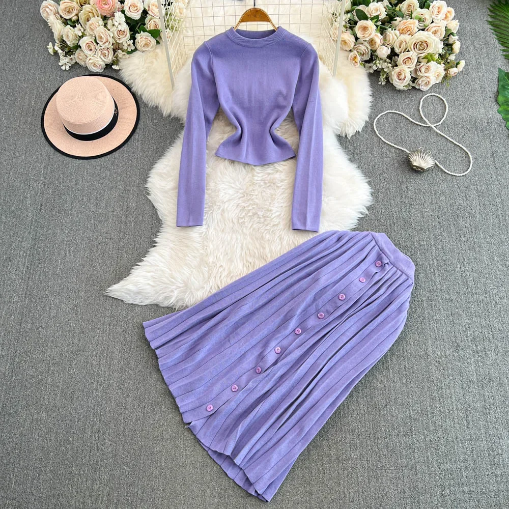 Chic Women Two-Piece Sets Knit Long Sleeve O-neck Loose Top and High Waist Split Wide Leg Pants Korean Slim Casual Clothing