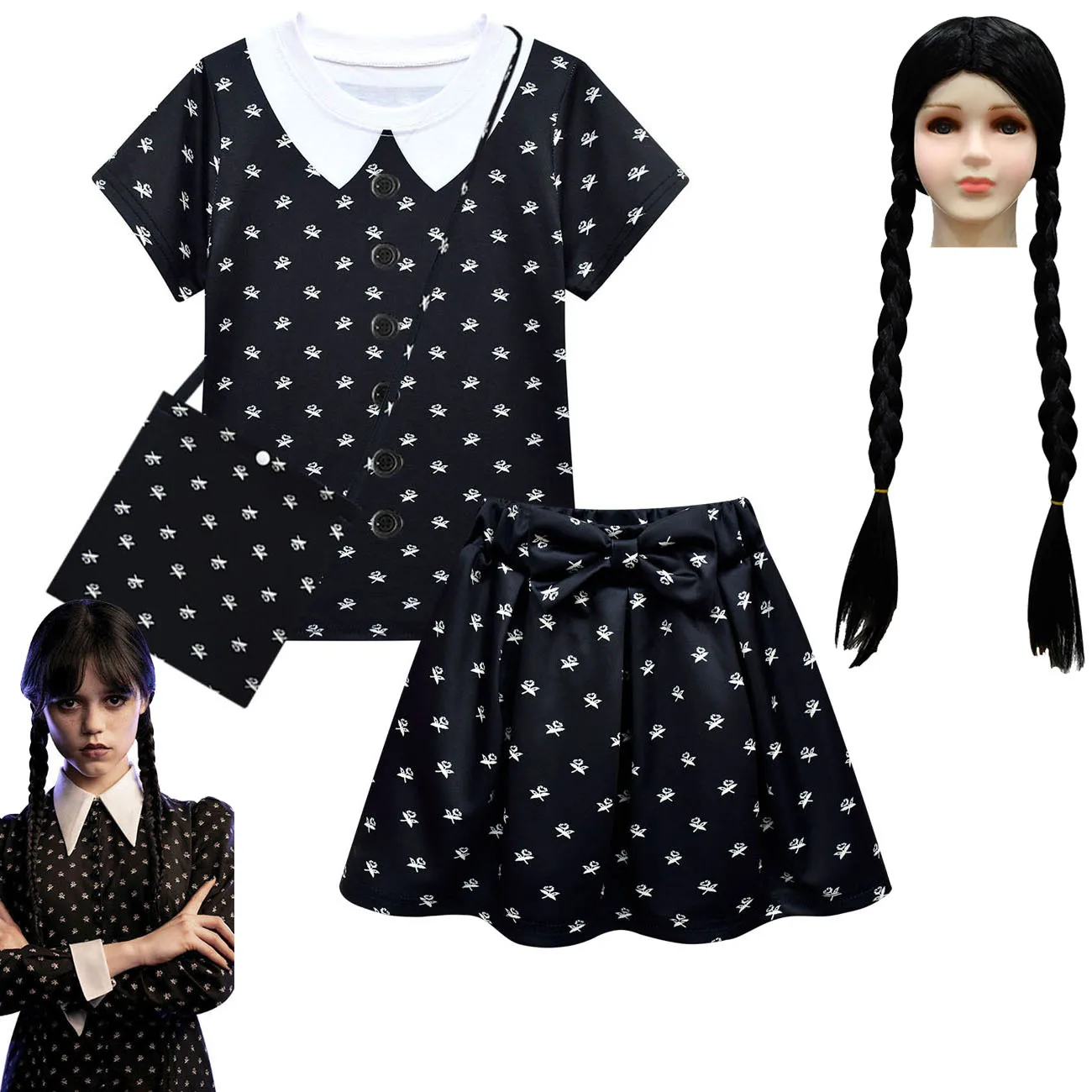 High Quality The Addams Christina Ricci Family Cosplay Black Dress Costumes with Wig for Kid  Party Carnival Halloween