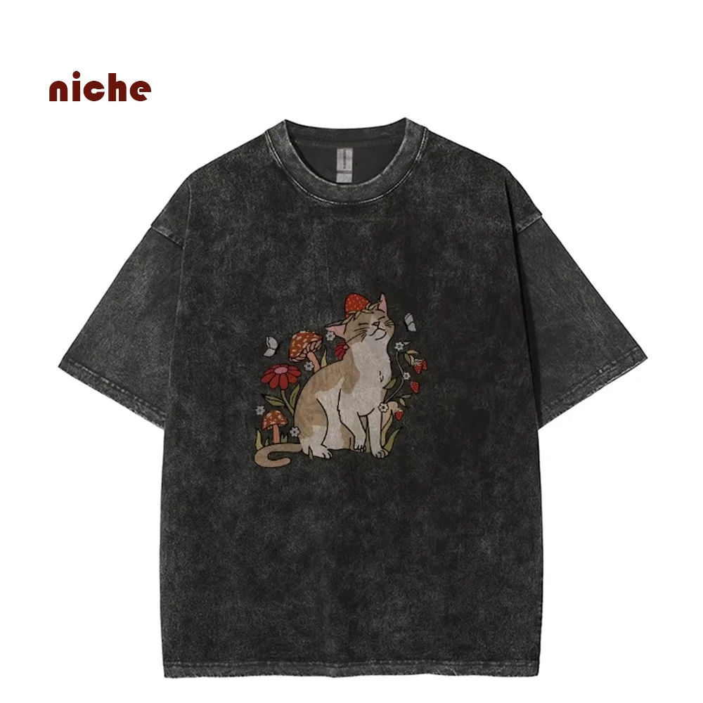 

Enjoy Kitten Flower Fruit Printing Pure Cotton T-Shirt Washed And Made Old Men's And Women's Same Style Neck New Short Sleeves