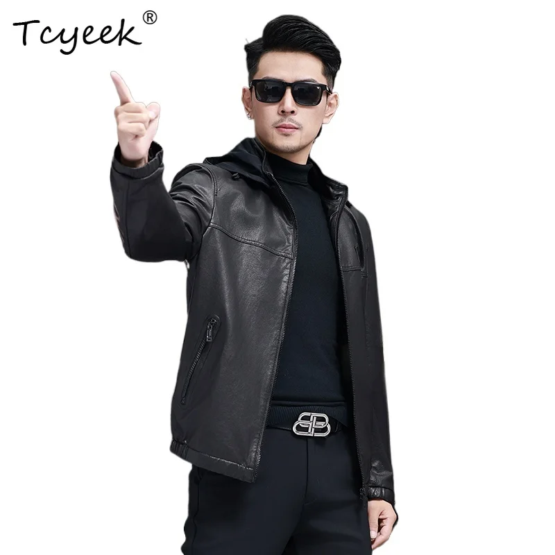 

Tcyeek Real Soft Sheepskin Spring Autumn Trendy Black Hooded Motorcycle Men Genuine Leather Jacket Jaqueta De Couro Masculina
