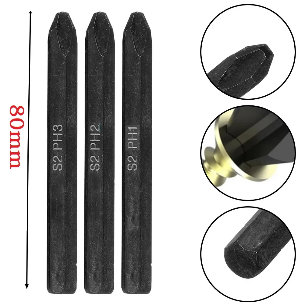 1pc Screwdriver Bit 80mm Alloy Steel Hex Shank Electric Cross Screwdriver Bits PH1 PH2 PH3 Carpentry Woodworking Tools