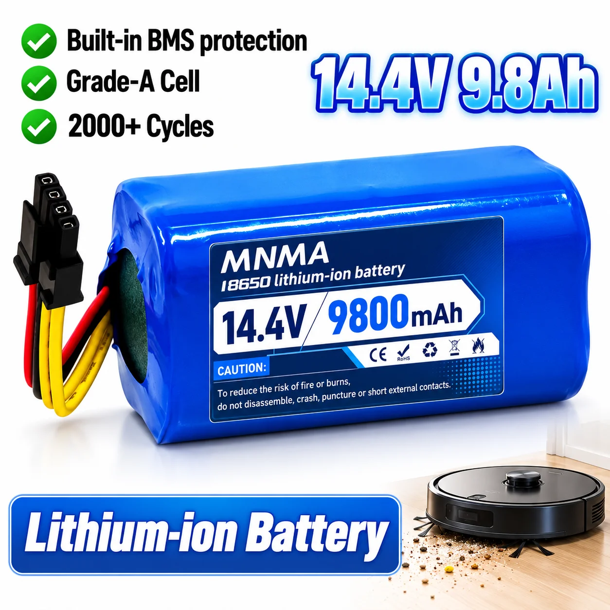 14.4V 9800mAh 4S1P 18650 Li-ion Battery for Robot Vacuum Cleaner, Built-in BMS Rechargeable Replacement Battery Pack, Long Life