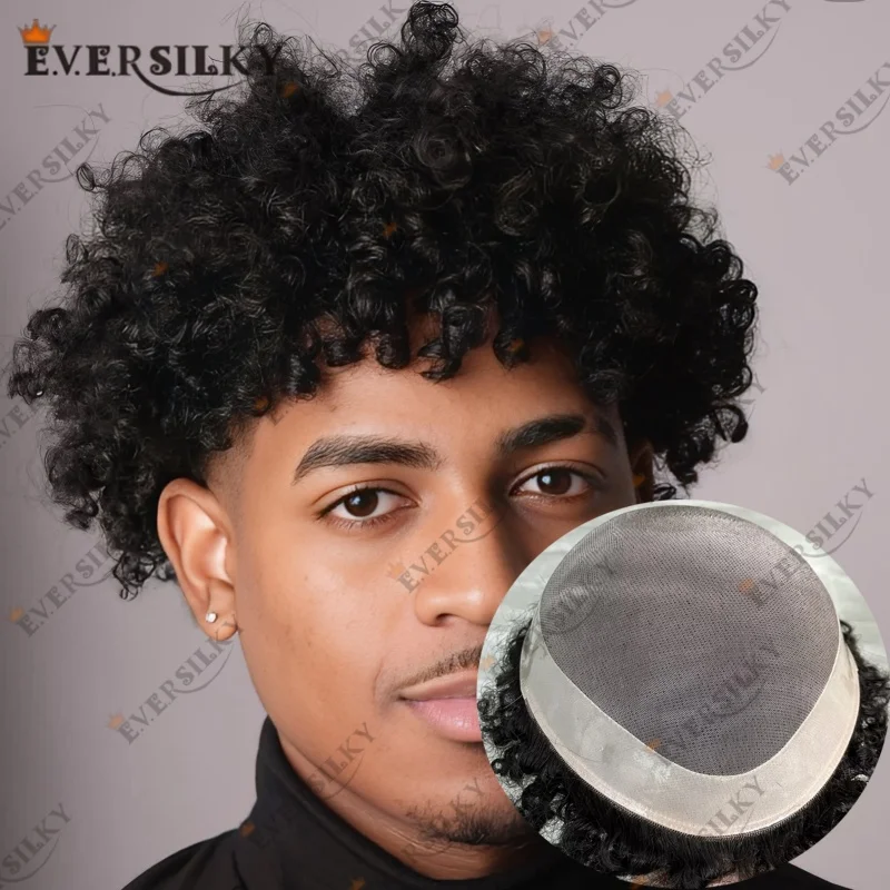 

African American Men's Toupee 130% density 15MM 18MM 20MM CURLY 100% Male Human Hair Wigs Man Fine mono System Prosthesis Toupee