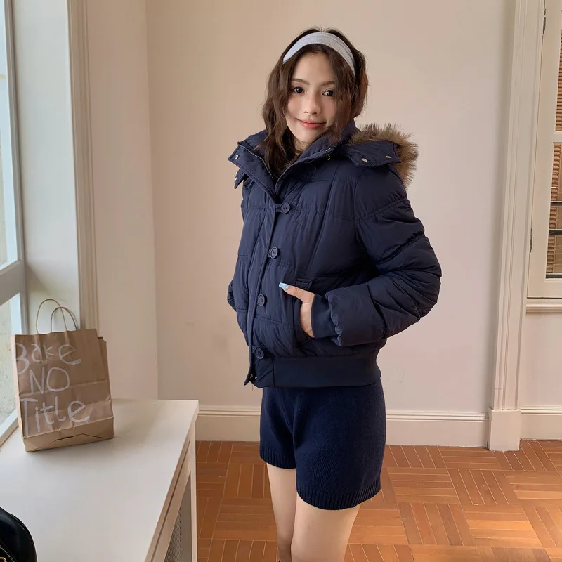 Women Short Parkas Coat Hooded Overcoat Solid Fur Collar Long Sleeve Zipper Single Breasted Loose Thick Office Lady Winter 2025