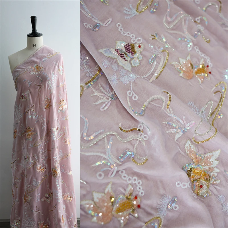 

Pink Purple Underwater World Silk Velvet Heavy Industry Nail Bead Embroidery Fashionable Vest Jacket Luxury Silk Fabric 135 Wide